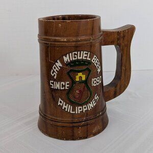 8" tall vintage hand carved wooden San Miguel beer stein